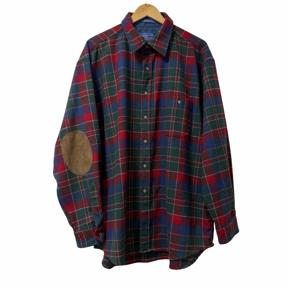 VTG Pendleton Mens Wool Trail Plaid Button Up Shirt Size XL Elbow Patch USA 90s